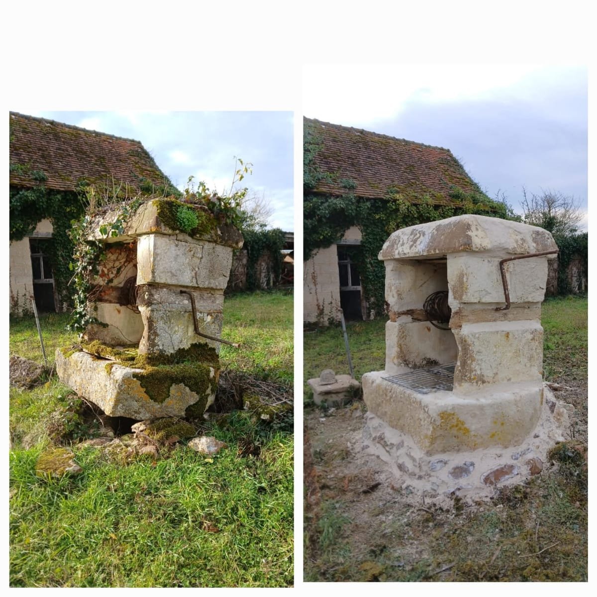 Avant et après la restauration d'une fontaine en pierre